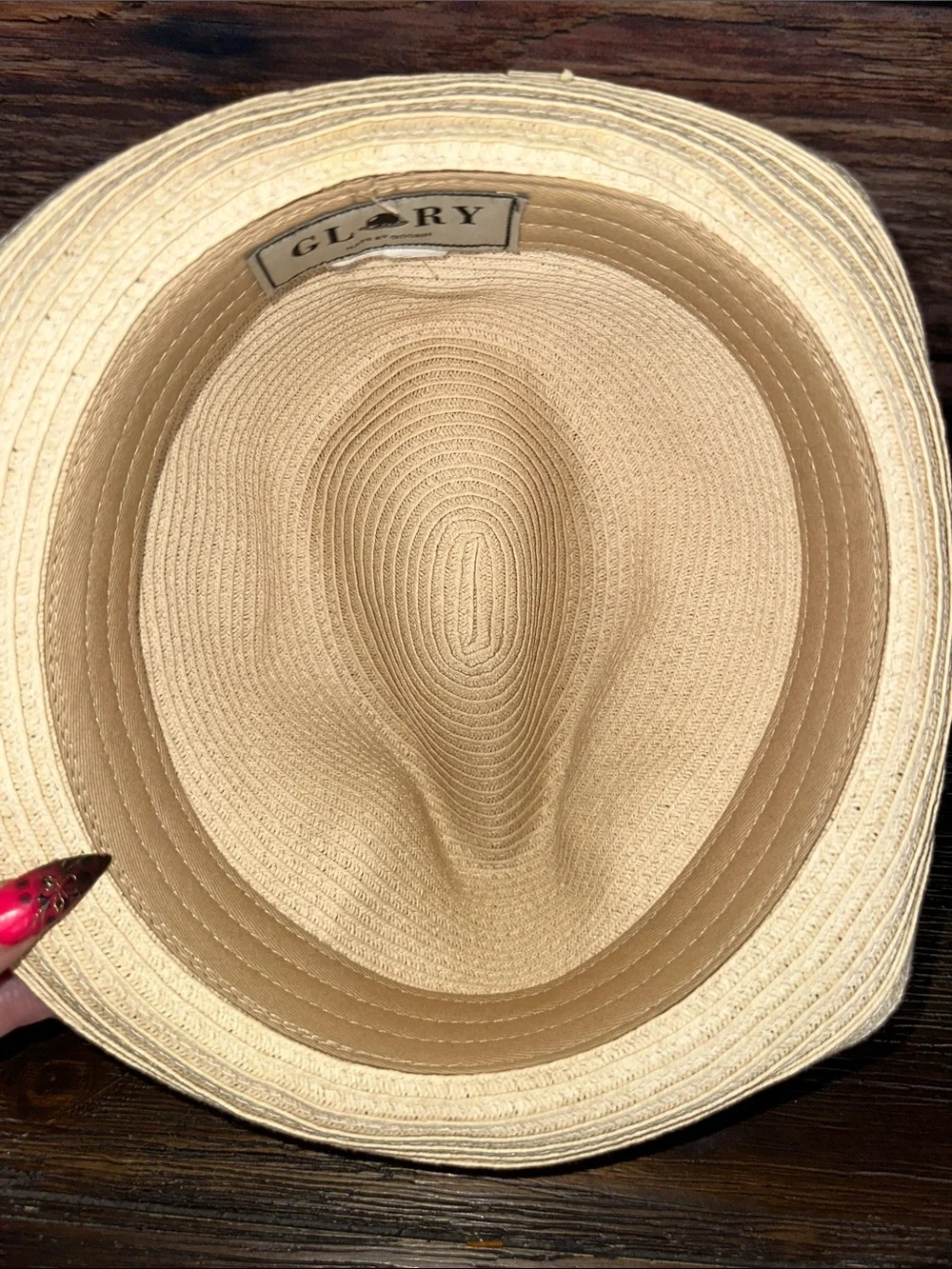 Glory by Goorin Beige Straw Fedora Hat with White and Navy stripped band!